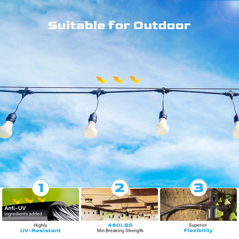 164 Ft Vinyl Coated 304 Stainless Steel Cable String Light Hanging Kit for patio with guide wire and hooks outdoors