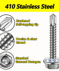 Self Drilling Screws For Metal With Hex Washer Head, Size Eight By One And A Half Inches, 410 Stainless Steel Magnetic Built Tough Heavy Duty