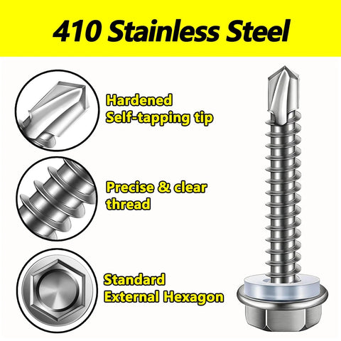 Self Drilling Screws For Metal With Hex Washer Head, Size Eight By One And A Half Inches, 410 Stainless Steel Magnetic Built Tough Heavy Duty