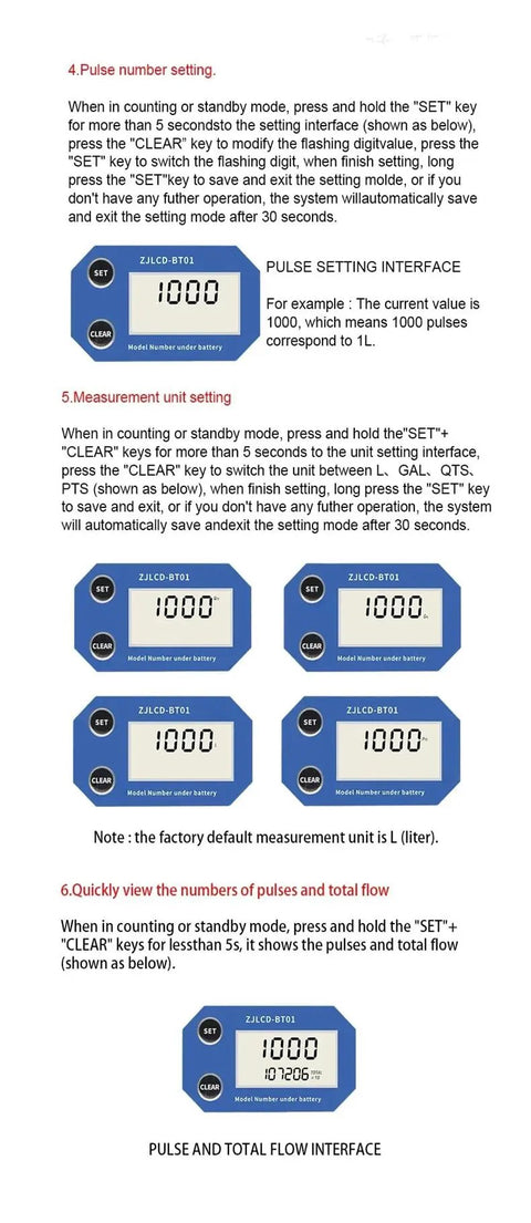 Display interface settings of 3 Inch Electronic LCD Display Flow Meter Turbine Flow Meter With NPN Output For Water In PVC Pipe