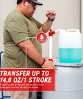 Kickass Chemical Resistant Drum Pump For 15 To 55 Gallon Barrels With Long Lift Suction Tube shown in use, transferring liquid from a barrel.