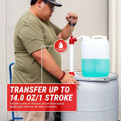 Kickass Chemical Resistant Drum Pump For 15 To 55 Gallon Barrels With Long Lift Suction Tube shown in use, transferring liquid from a barrel.
