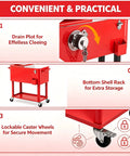 Red 80QT rolling cooler on wheels with bottle opener, drainage, and storage rack, ideal for patio and backyard BBQs.