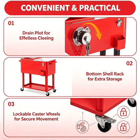 Red 80QT rolling cooler on wheels with bottle opener, drainage, and storage rack, ideal for patio and backyard BBQs.