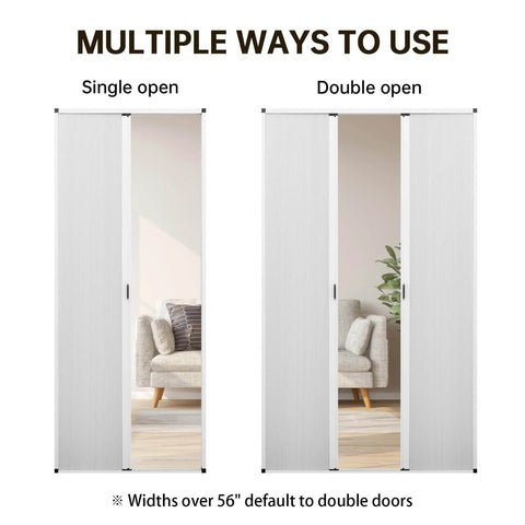 Interior Accordion Folding Cellular Door Panels No Drilling Easy Install Space Saving Light Filtering Sliding Barn Style Closet Room Divider in white, single and double open options shown.