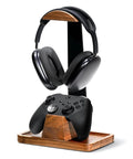 Walnut Wood Headset Stand With Built In Controller Holder And Storage Base For Your Desk, holds headphones and controller.
