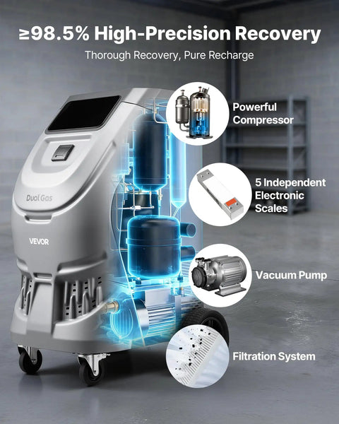 Shop Grade No Fuss Fully Automatic Refrigerant Recovery Machine For R134a And 1234yf Auto AC Service showing vacuum pump and filtration.
