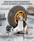 3 Inch Heavy Duty Caster Wheels Set Of Four, Premium Rubber Casters With Total Lock Brakes, Beefy Steel Plates For Furniture Cart And Workshop Gear, Roll Easy Go Far Performance with detailed specifications.