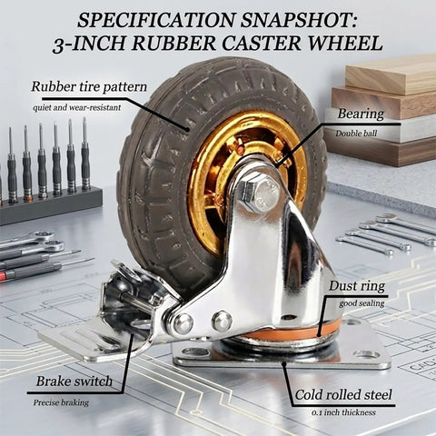 3 Inch Heavy Duty Caster Wheels Set Of Four, Premium Rubber Casters With Total Lock Brakes, Beefy Steel Plates For Furniture Cart And Workshop Gear, Roll Easy Go Far Performance with detailed specifications.