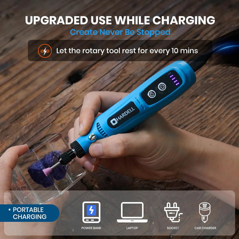 Hella Versatile Mini Cordless Rotary Tool With Five Speed Settings Up To Fifteen Thousand Rpm And A Knockout Forty Three Piece Accessory Kit For Engraving Drilling Sanding And Detailing in use while charging, showcasing portable features.