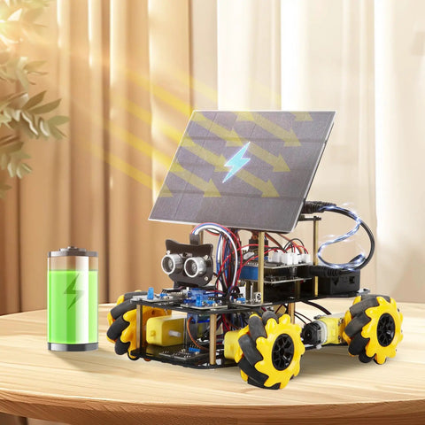 Smart Solar Robot Car Kit 4WD Remote Control For Arduino IDE With ESP32 Ultrasonic Infrared Sensors Mecanum Wheels Metal Gear Servos STEM Coding Project For Teens 12 Plus Kid Friendly Birthday Gift, solar-powered robot car with battery icon