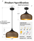 Modern Walnut Wood Dome Pendant Light Matte Black Metal With Warm Gold Interior Adjustable Hanging Fixture straight up industrial vibe measurements.