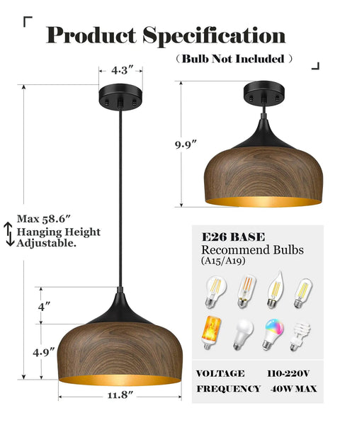 Modern Walnut Wood Dome Pendant Light Matte Black Metal With Warm Gold Interior Adjustable Hanging Fixture straight up industrial vibe measurements.