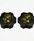 Two Pack Heavy Duty Coolant Reservoir Caps With Leak Proof Seal For Smooth Oem 68442532aa Swap Keeps Your Daily Driver Ice Cold Under Towing Load Perfect Bolt On Fit For 2013 Through 2021 Pickup Trucks And Suvs, black plastic caps with warning labels.