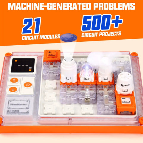 Circuit Board Kit For Kids With 500 Plus QR Guided Projects, STEM Electronics Set For Ages 8 And Up, 5 Hands On Interactive Modules Including Fan, Projector, And Bulb Modules, Great Educational Gift. Clear plastic kit with modules and control pad.