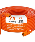 Outdoor Extension Cord 75 Foot Waterproof 16 AWG 3 Conductor Heavy Duty SJTW Cable For Outdoors Built Tough 1250W 10A 3 Prong
