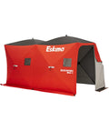 Quickfish Six Person Portable Pop Up Ice Fishing Shelter With Fully Quilted Insulation No Trip Door And Deluxe Anchors For Hell Of A Winter Setup In Red Black, side view showcasing red exterior and black roof.