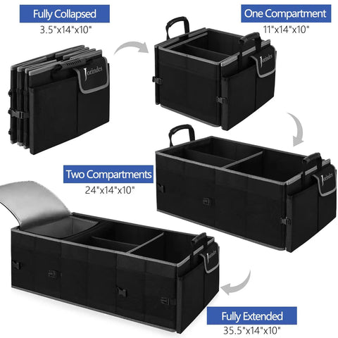 Built In Insulated Leak Proof Cooler Bag Trunk Organizer for SUV in four configurations, from collapsed to fully extended.