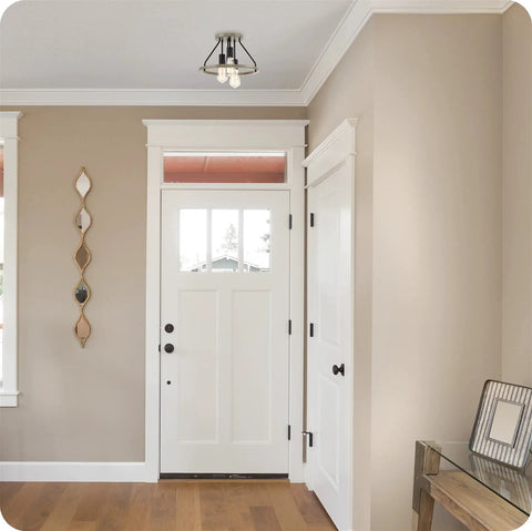 14-Inch 3-Light Rustic Farmhouse Flush Mount Ceiling Light With Metal Shade In Smoked Birch Finish in entryway view