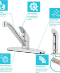 Premium Single Handle High Arc Kitchen Faucet With Swivel Side Spray, Polished Chrome Finish with easy installation details.