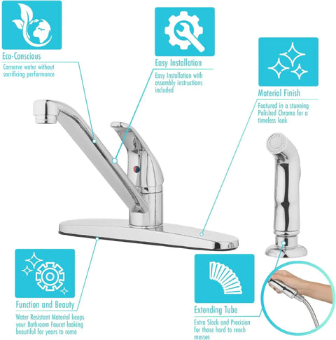 Premium Single Handle High Arc Kitchen Faucet With Swivel Side Spray, Polished Chrome Finish with easy installation details.