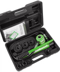 Open case of 8 Ton Hydraulic Knockout Punch Tool Kit With 6 Dies One Half Inch To Two Inch For Steel Up To One Eighth Inch And Stainless Up To One Sixteenth Inch Conduit Hole Cutter Set With Beast Mode Punching Power And Clean Cuts