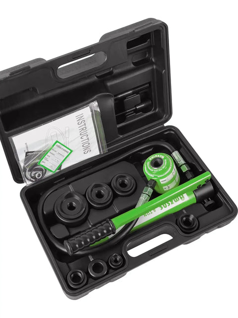 Open case of 8 Ton Hydraulic Knockout Punch Tool Kit With 6 Dies One Half Inch To Two Inch For Steel Up To One Eighth Inch And Stainless Up To One Sixteenth Inch Conduit Hole Cutter Set With Beast Mode Punching Power And Clean Cuts