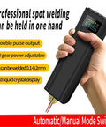 Handheld Dual Pulse Spot Welder With 80 Adjustable Speeds And Color Screen Digital Display shown in hand with functions