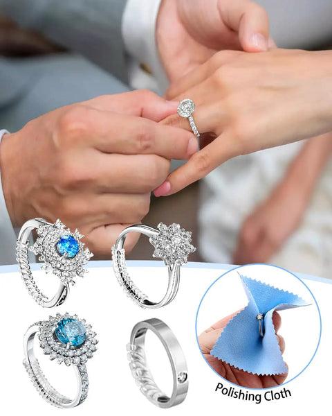 Invisible Ring Guards Kit With Spiral Silicone Size Adjusters 16 Pack In 4 Sizes For Loose Rings shown with rings and polishing cloth.