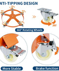 Workhorse Heavy Duty Drum Dolly With 4 Wheels, Steel Oil Barrel Cart For Moving Bulk Cylinders, detailed view of anti-tipping design and 360-degree rotating wheels.