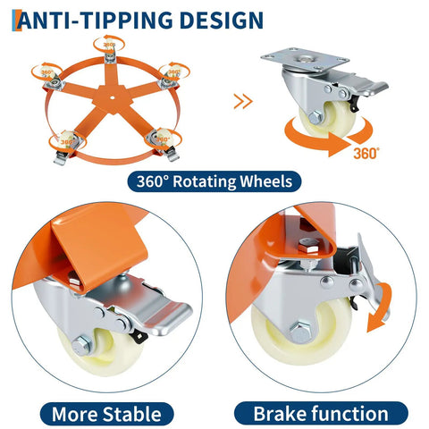 Workhorse Heavy Duty Drum Dolly With 4 Wheels, Steel Oil Barrel Cart For Moving Bulk Cylinders, detailed view of anti-tipping design and 360-degree rotating wheels.