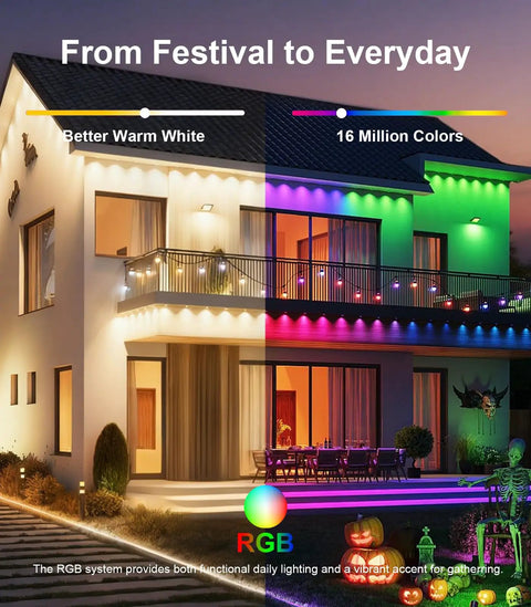 House lit with 32.8 Foot RGB LED Strip Lights With Music Sync For Bedroom Living Room And Parties Easy Install