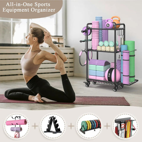 Multipurpose Home Gym Storage Rack With Mobile Casters And Hanging Hooks Keeps Your Fitness Collection Lowkey Organized So You Can Hit The Gym Without The Stress Slick Black Build Holds Dumbbells Resistance Bands And Yoga Mats