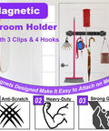 Heavy Duty Magnetic Mop Broom Holder With Swivel Hooks For Cleaning Tools Neodymium Magnet Mount Tool Hanger No Slip Storage Rack installed with items.