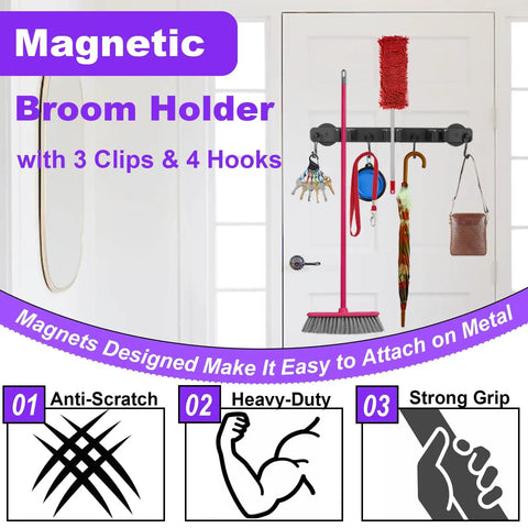 Heavy Duty Magnetic Mop Broom Holder With Swivel Hooks For Cleaning Tools Neodymium Magnet Mount Tool Hanger No Slip Storage Rack installed with items.