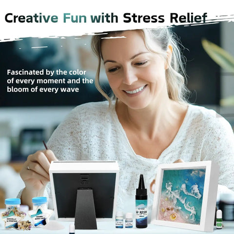 Person creating art with Coastal Sea Resin Art Kit For Teens And Adults With UV Light All-Inclusive Beginner Friendly DIY Beach Craft Gift Set For Coastal Decor Glowing Ocean Scene Frames Pigments And Tools Included