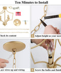 Installation steps for Gold Chandelier Pendant Light For Kitchen Island Dining And Living Room With Matte Gold Finish Mid Century Modern Open Frame Geometric Metal Design Featuring Three Upward Arms For A Dope Everyday Vibe.