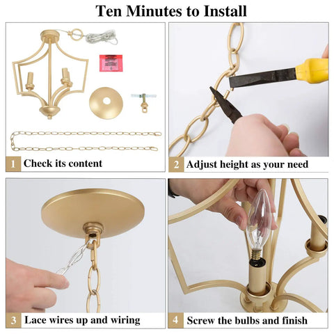 Installation steps for Gold Chandelier Pendant Light For Kitchen Island Dining And Living Room With Matte Gold Finish Mid Century Modern Open Frame Geometric Metal Design Featuring Three Upward Arms For A Dope Everyday Vibe.