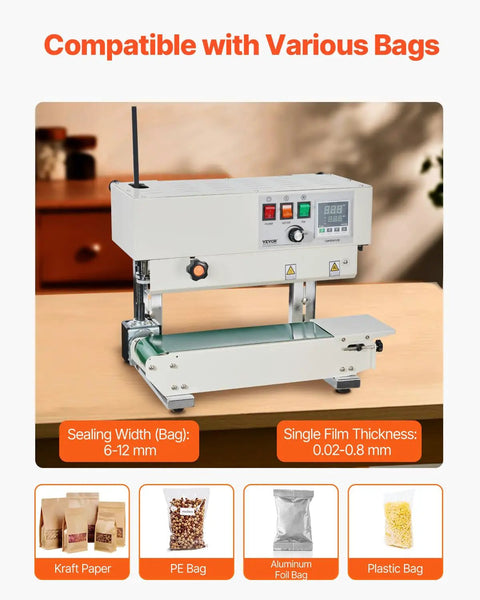 Continuous Band Sealer Machine With Digital Temperature Control 600W Carbon Steel build on table, compatible with various bags.