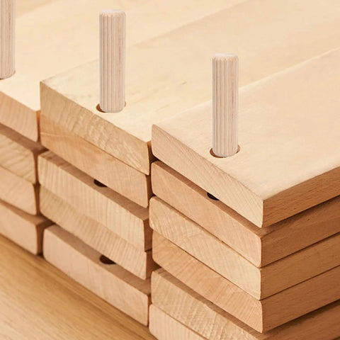 Wooden Dowel Pins Pack Of 120 Three Eighths Inch By One And A Half Inch Straight Grooved Pins With Beveled Ends in stacked wood