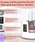 3 In 1 Electric Makeup Brush Cleaner Machine With Dryer Holder Portable USB Cleaner Tool shown with silicone cap and touchscreen