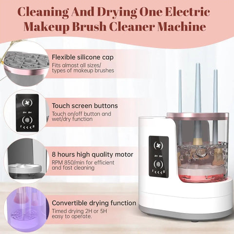 3 In 1 Electric Makeup Brush Cleaner Machine With Dryer Holder Portable USB Cleaner Tool shown with silicone cap and touchscreen