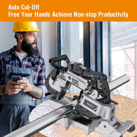 Powerful 10 Amp Portable Band Saw With Lightweight Aluminum Base 5 Inch Deep Cut Variable Speed, shown with a metalworking project