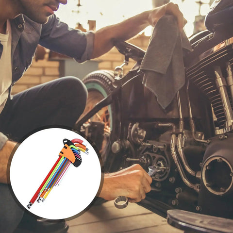 Awesome 9pc Colored L Shaped Hex Key Wrench Set With Long Arm Ball End Design. on motorcycle repair