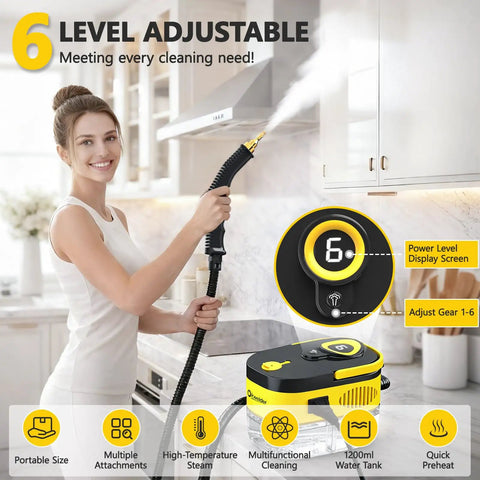 Woman using Portable Handheld Steam Cleaner With Six Adjustable Pressure Levels And Fifteen Utility Tips for kitchen cleaning.