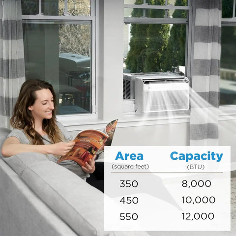 Woman reading by a Smooth Cooling 12000 Btu U Shaped Smart Inverter Window Air Conditioner for 550 sq ft spaces.
