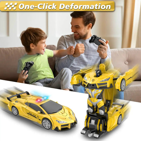 Father and son playing with Epic Transforming RC Car For Kids With Robot Mode, 2.4GHz Remote, LED Lights, One Button Deformation