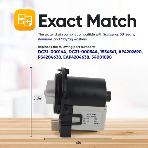 Washer Drain Pump Motor Assembly Replacement Part For Samsung Maytag Kenmore LG Replaces DC31-00016A PS4204638 AP4202690 62902090 Exact Match Fixes No Drain Issues Pumps But Will Not Spin Easy Install, 3.9in x 4in
