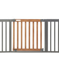 Front view of Oak Wood And Metal Baby And Pet Gate For 36 To 60 Inch Openings, 30 Inch Tall, No Drill Pressure Mount