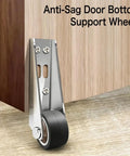 Low Profile Door Bottom Rollers, Anti Sag Repair Kit With Three Tough Steel Wheels, close-up of support wheel on wooden door.